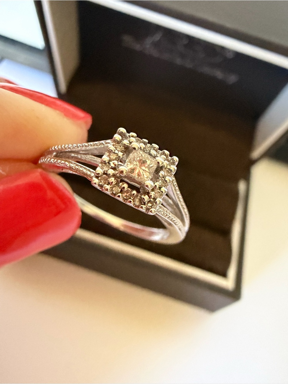 10K Solid Gold Princess -Cut Natural Diamonds Halo Ring